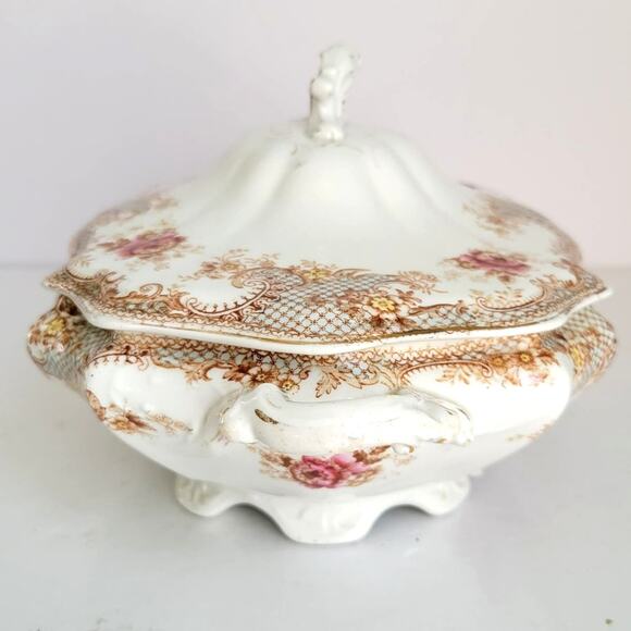 Antique T&R Boote Covered Vegetable Dish Rosebud Semi Porcelain Cottagecore - Picture 7 of 16